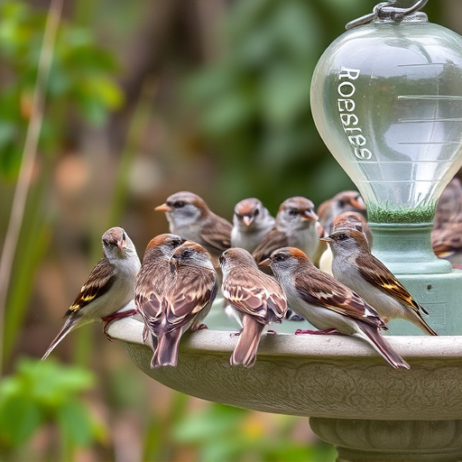 House sparrows gathered near bird bath