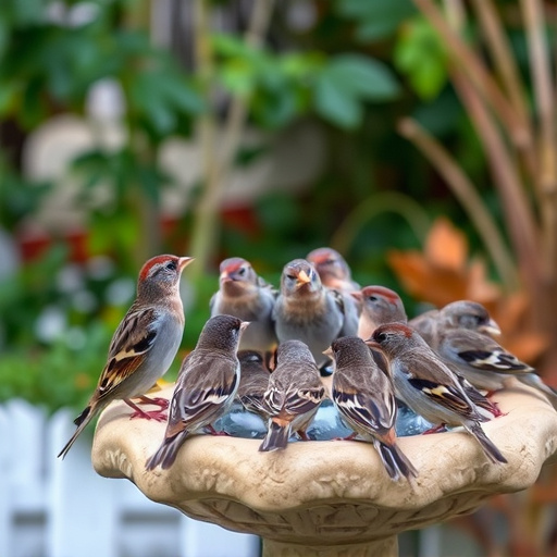 House sparrows gathered near bird bath