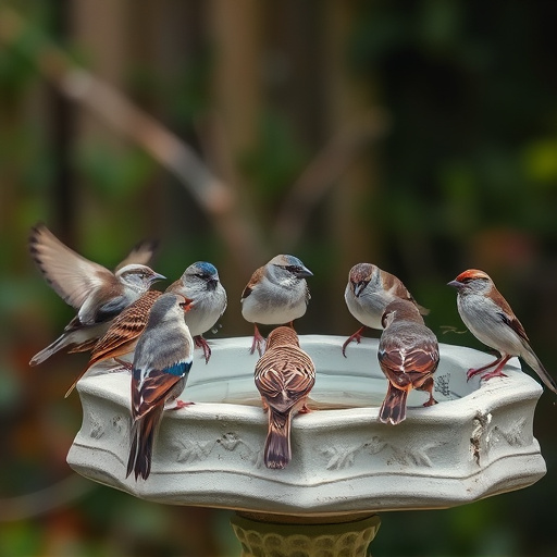 House sparrows gathered near bird bath