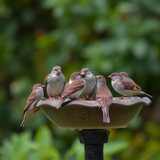 House sparrows gathered near bird bath
