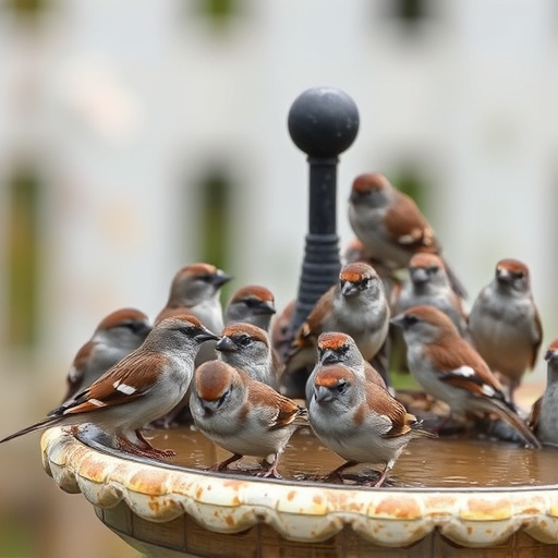 House sparrows gathered near bird bath