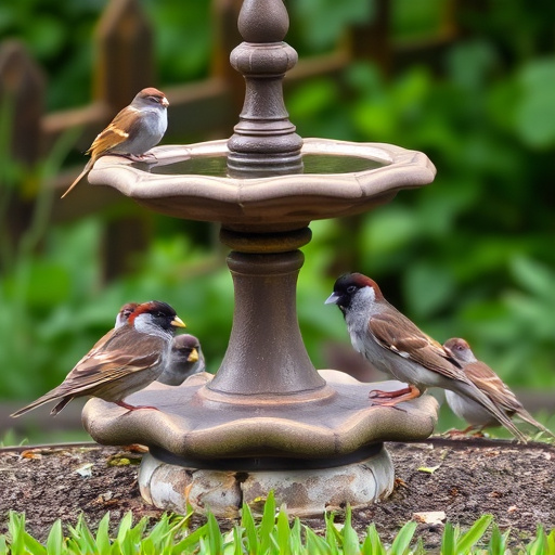 House sparrows gathered near bird bath