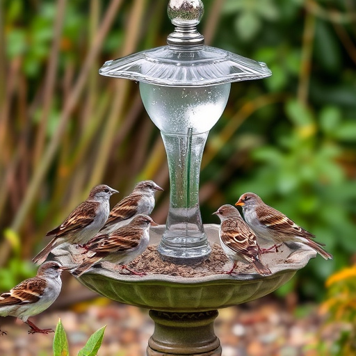 House sparrows gathered near bird bath