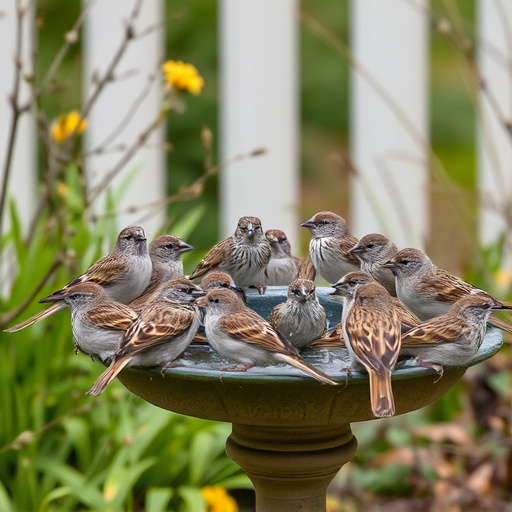House sparrows gathered near bird bath