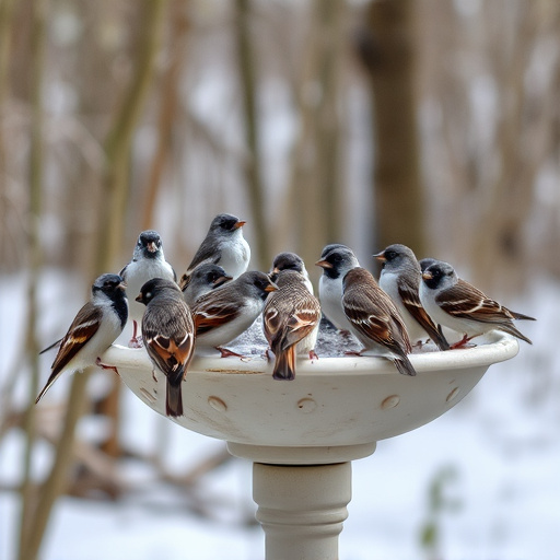 House sparrows gathered near bird bath