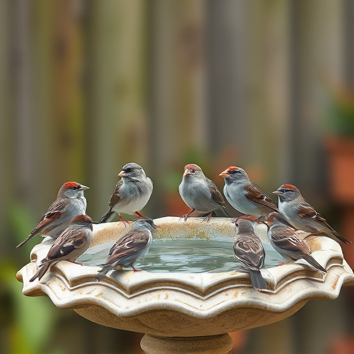 House sparrows gathered near bird bath