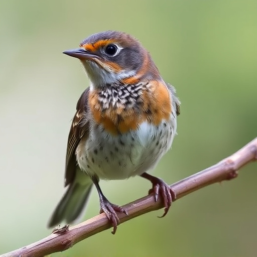 Juvenile robin with speckled chest feathers