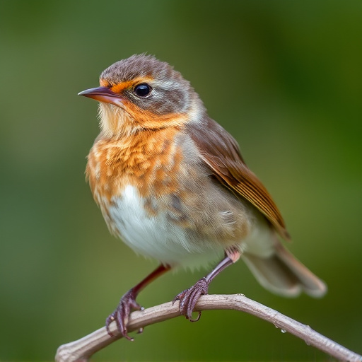 Juvenile robin with speckled chest feathers