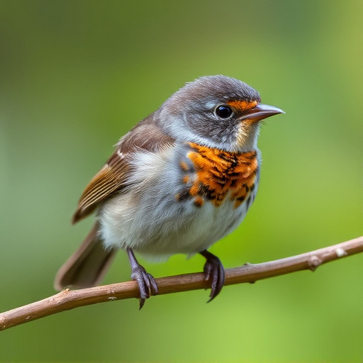 Juvenile robin with speckled chest feathers