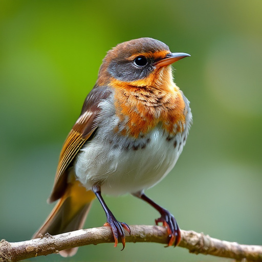 Juvenile robin with speckled chest feathers