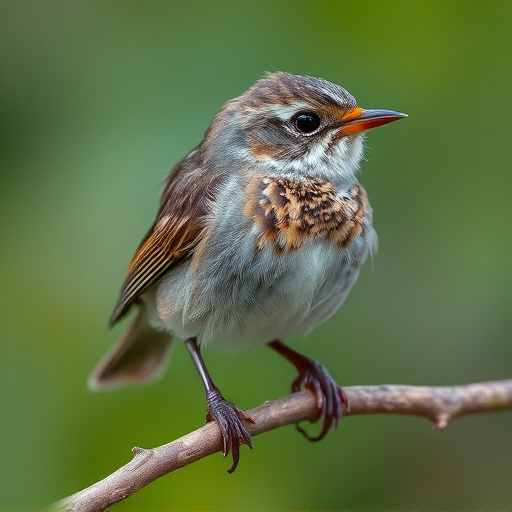 Juvenile robin with speckled chest feathers