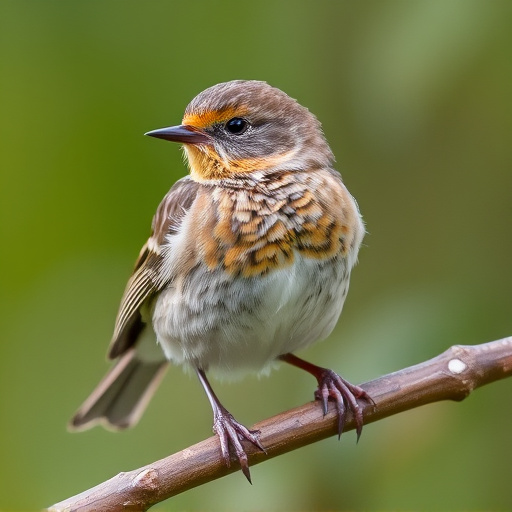 Juvenile robin with speckled chest feathers