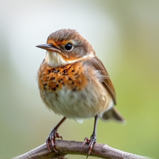 Juvenile robin with speckled chest feathers