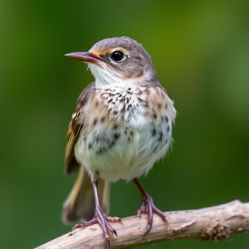 Juvenile robin with speckled chest feathers
