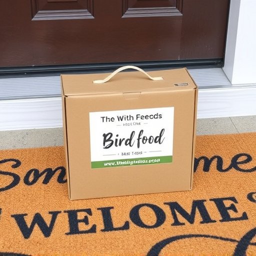Labeled bird food box on welcome mat