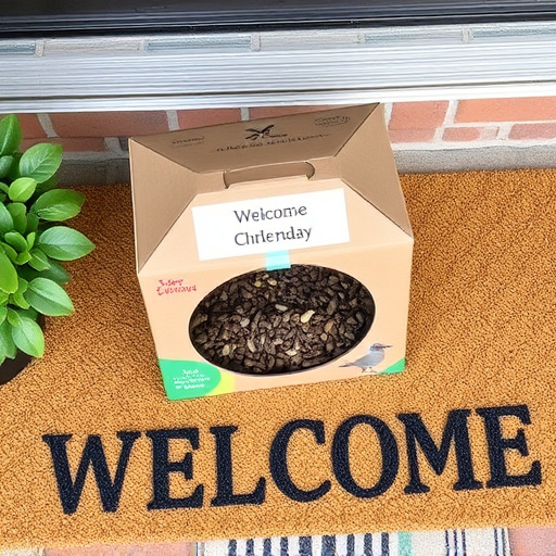 Labeled bird food box on welcome mat