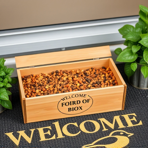Labeled bird food box on welcome mat