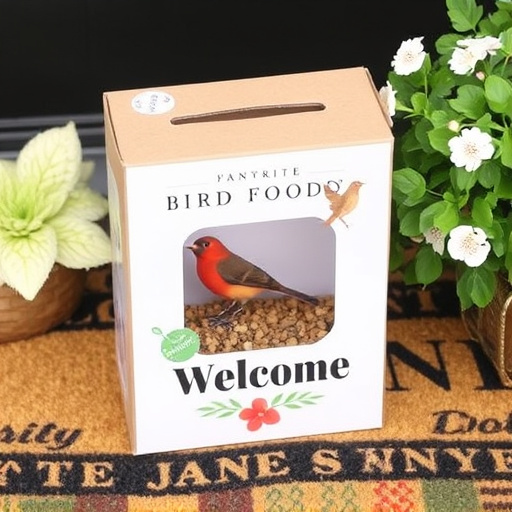 Labeled bird food box on welcome mat