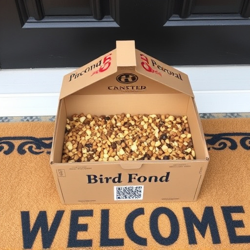 Labeled bird food box on welcome mat
