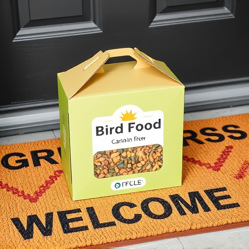 Labeled bird food box on welcome mat