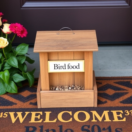 Labeled bird food box on welcome mat