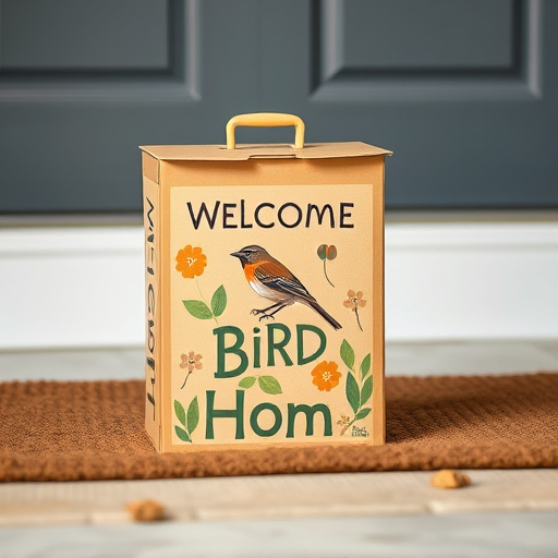 Labeled bird food box on welcome mat