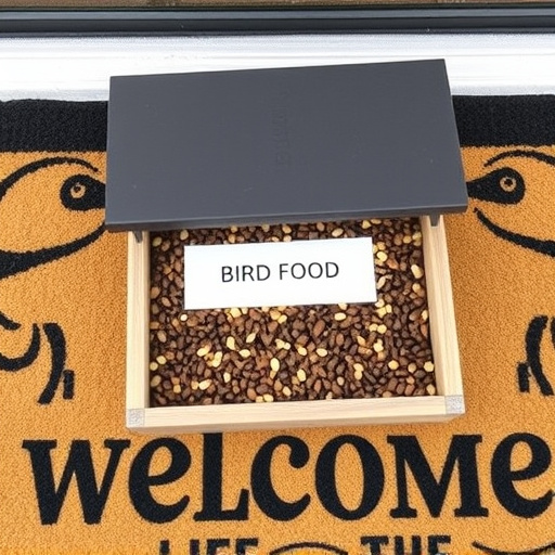 Labeled bird food box on welcome mat