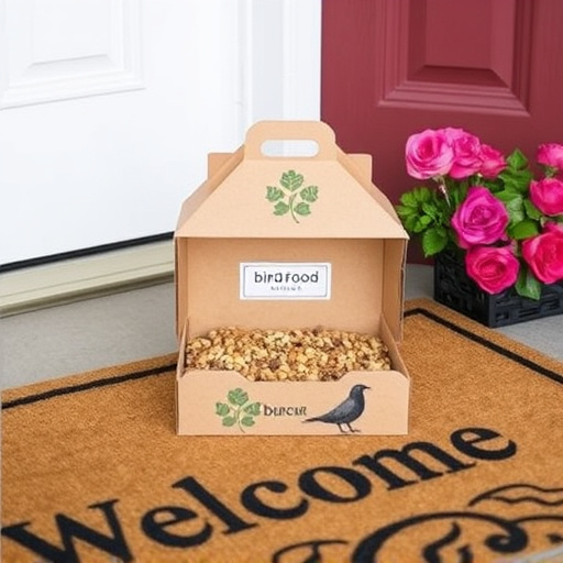 Labeled bird food box on welcome mat