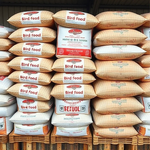 Large sacks of bird food stacked neatly