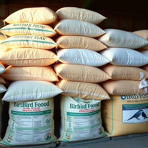 Large sacks of bird food stacked neatly