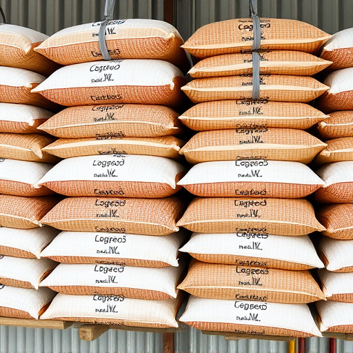 Large sacks of bird food stacked neatly