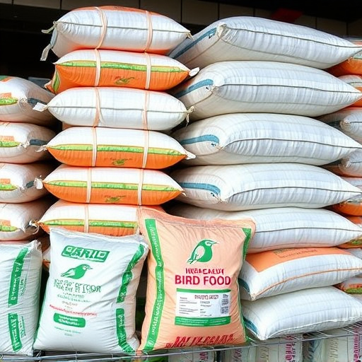 Large sacks of bird food stacked neatly