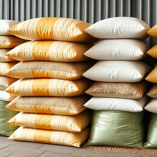 Large sacks of bird food stacked neatly