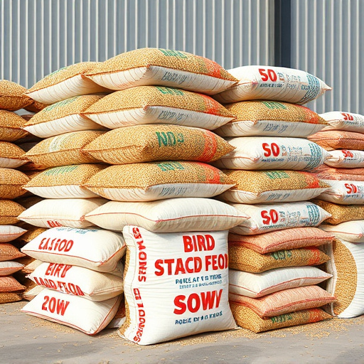 Large sacks of bird food stacked neatly