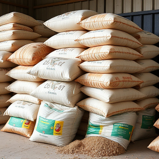 Large sacks of bird food stacked neatly