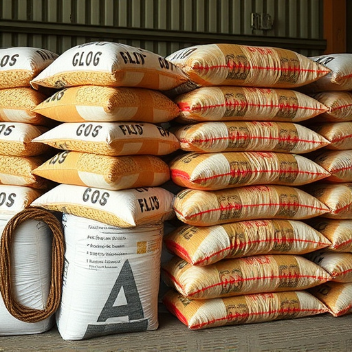 Large sacks of bird food stacked neatly