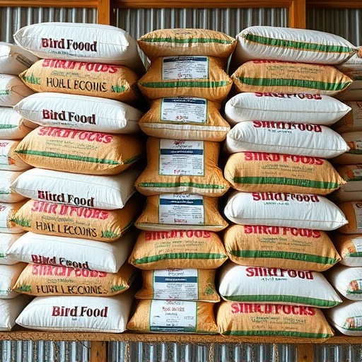Large sacks of bird food stacked neatly
