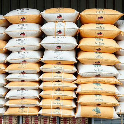Large sacks of bird food stacked neatly