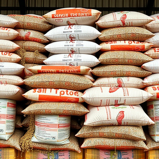 Large sacks of bird food stacked neatly