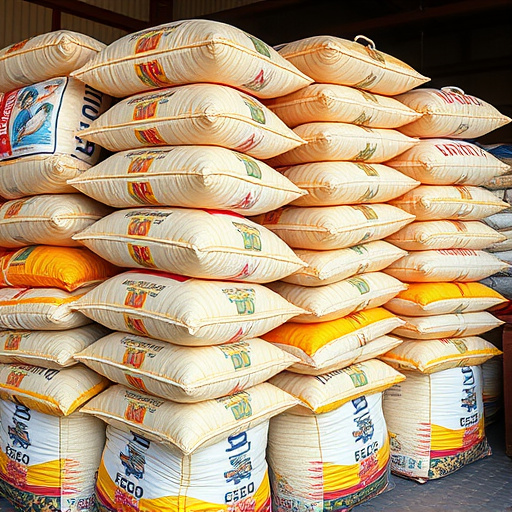 Large sacks of bird food stacked neatly