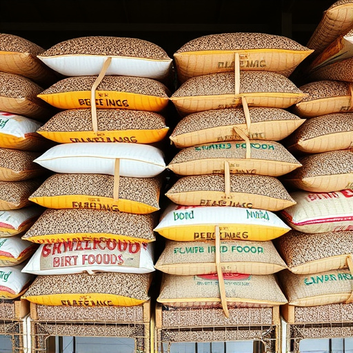 Large sacks of bird food stacked neatly
