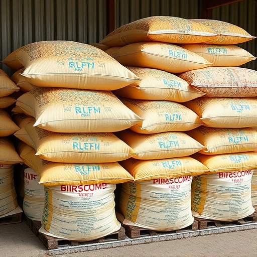 Large sacks of bird food stacked neatly