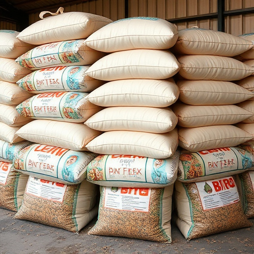 Large sacks of bird food stacked neatly