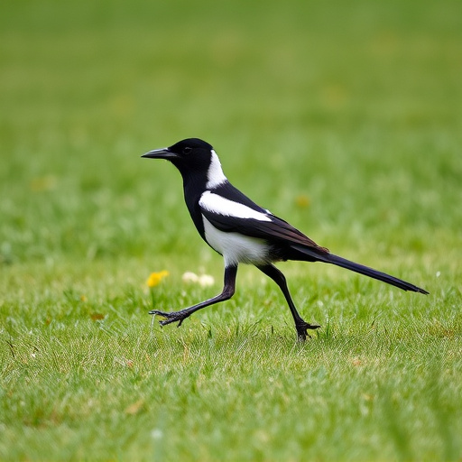 Magpie strutting across grassy lawn