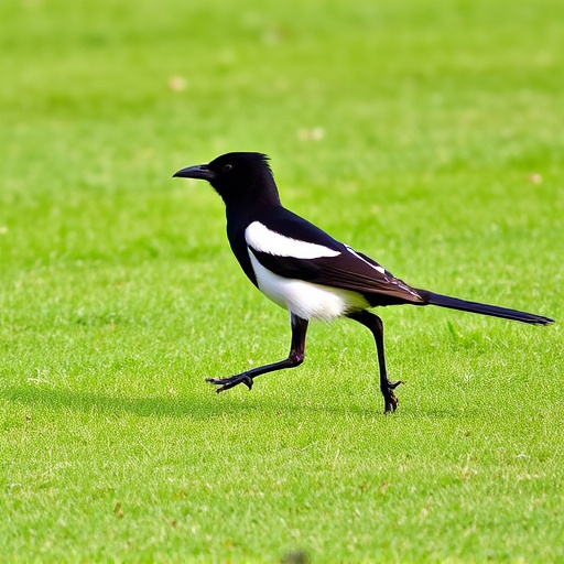 Magpie strutting across grassy lawn