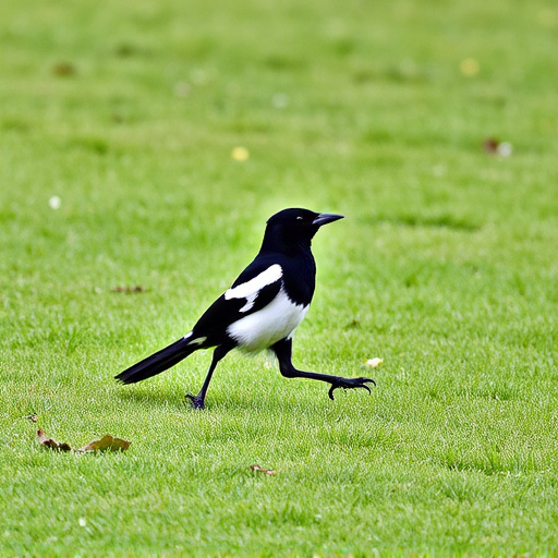 Magpie strutting across grassy lawn