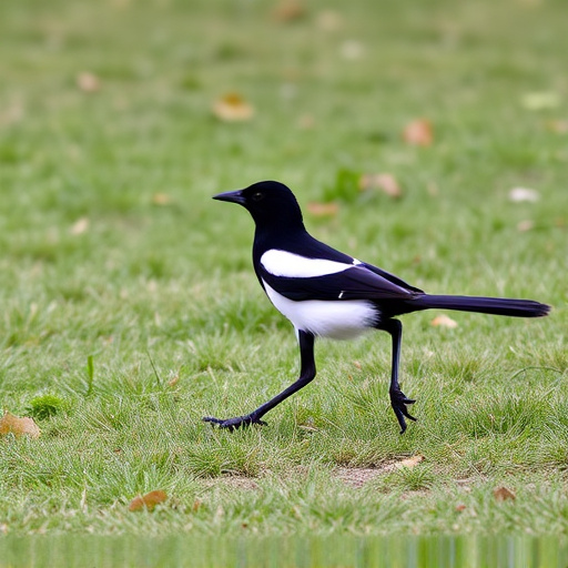 Magpie strutting across grassy lawn