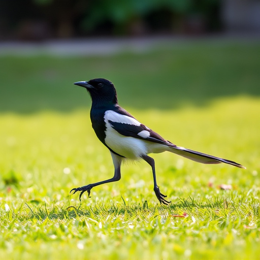Magpie strutting across grassy lawn