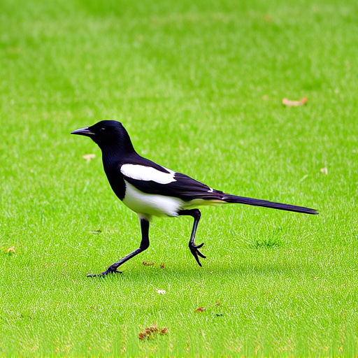 Magpie strutting across grassy lawn