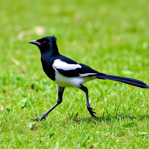 Magpie strutting across grassy lawn